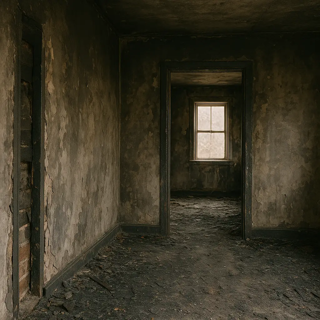 Interior of a home with extensive fire and smoke damage requiring professional fire damage restoration services.