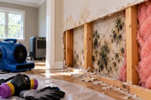 Mold remediation equipment near damaged moldy drywall