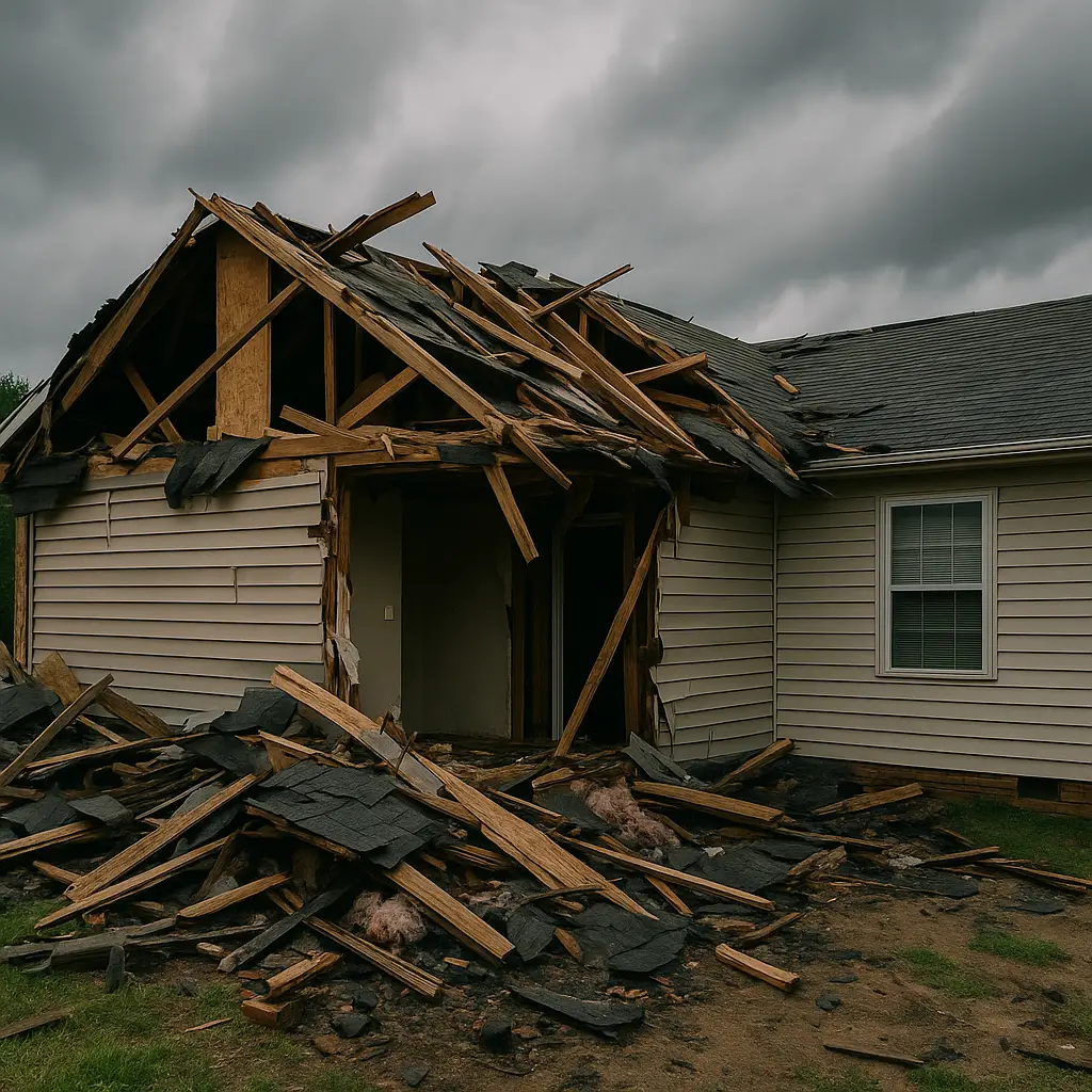 Home with severe roof and structural damage after a powerful storm requiring professional storm damage restoration services.